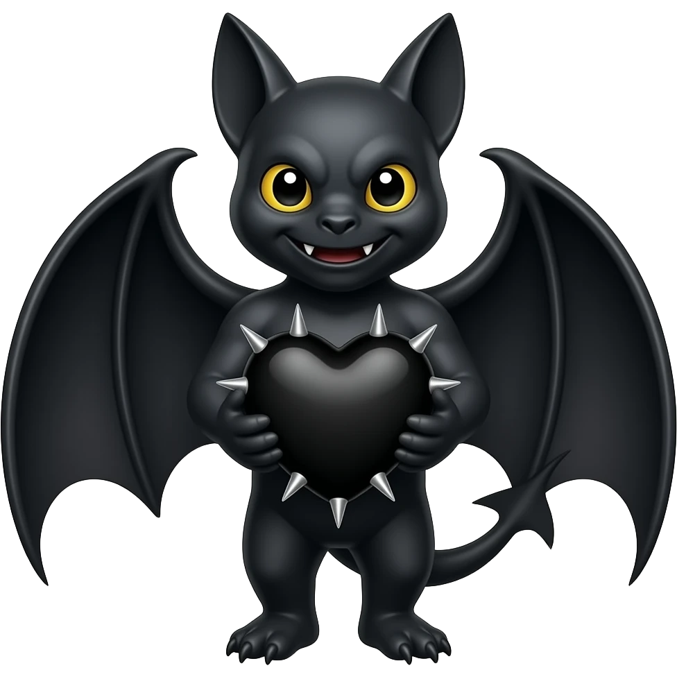 Evil bat holding a black heart with spikes emoji