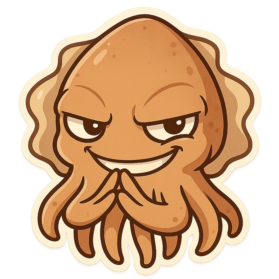 fun, expressive cartoon cuttlefish with evil steeple fingers and a smug grin emoji