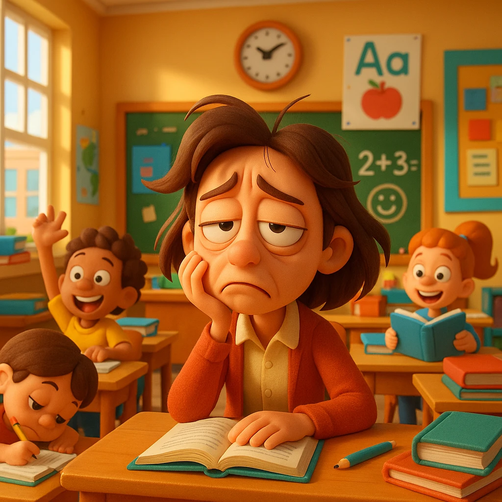 3d cartoon art of a exhausted teacher in a bustling classroom emoji