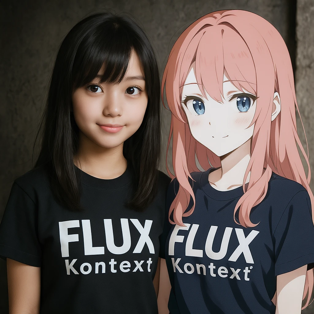 make a image of a girl with a anime version of that girl beside her wearing tshirt with text of FLUX Kontext emoji