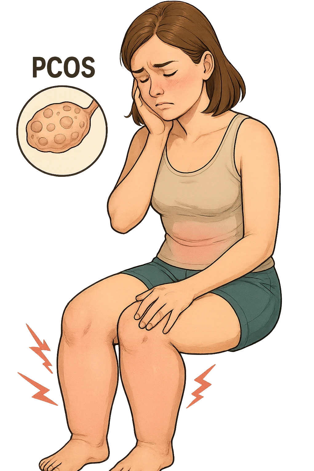 vertical format medical style illustration of a woman with PCOS confronting her swollen legs, clear anatomical and emotional emphasis, no background emoji