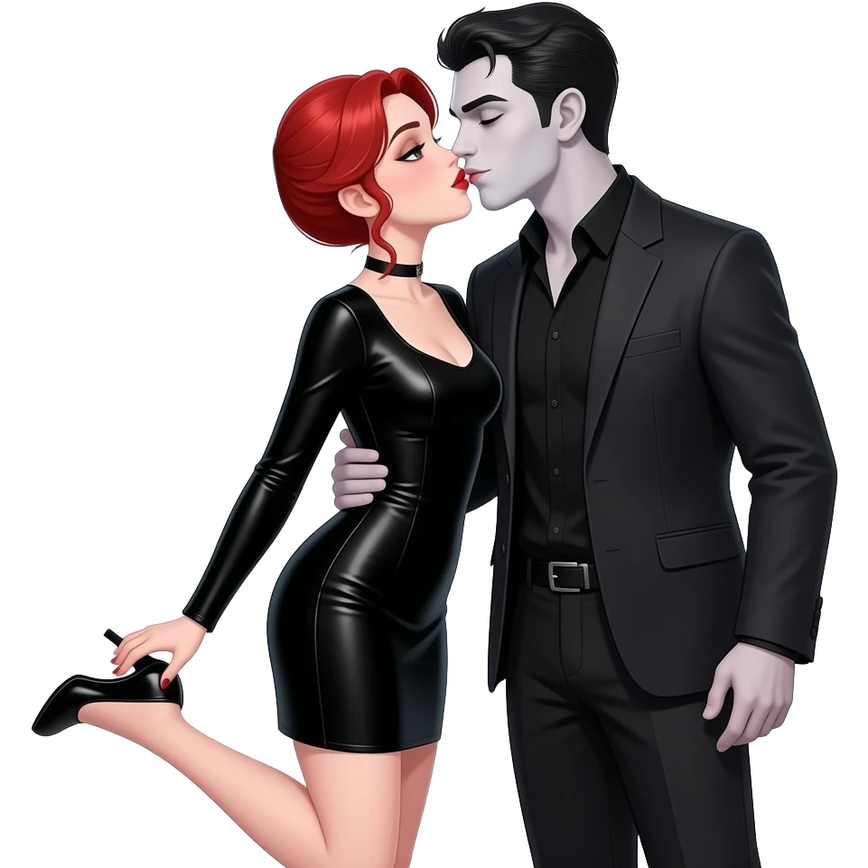 Vampiro femmina adolescente con pelle bianca e capelli rosso ondulati lunghi raccolti in una mezza coda che indossa un vestito stretto in vita e lungo sotto con maniche lunghe nero che sta baciando il suo ragazzo VAMPIRO dietro la luna e alza la gamba emoji