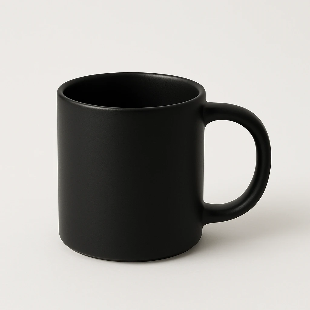 minimal black mug on white background, no text emoji
