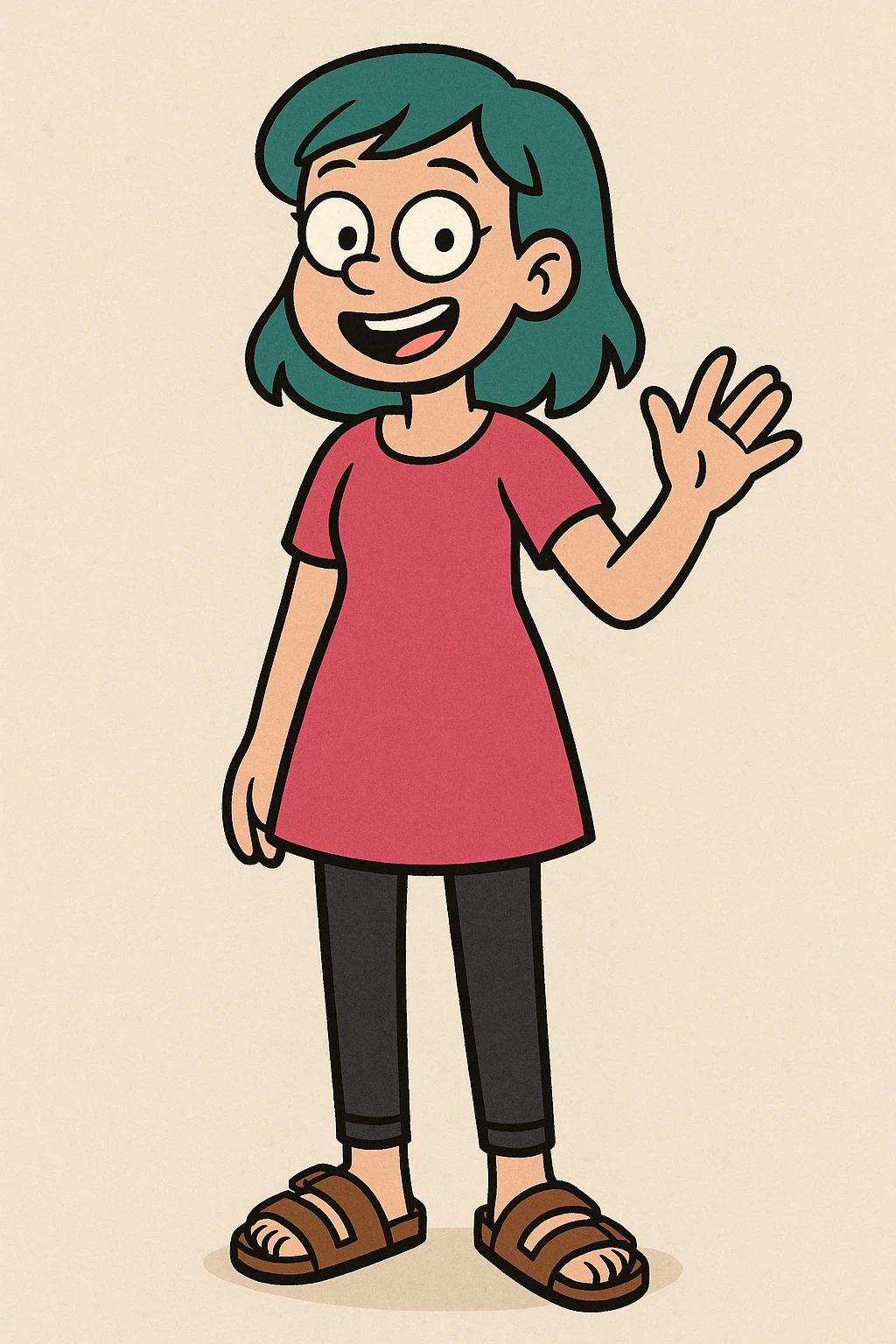 cartoon style girl with teal hair, wearing a hot pink dress, black jeans, and brown birkenstocks, cheerful emoji