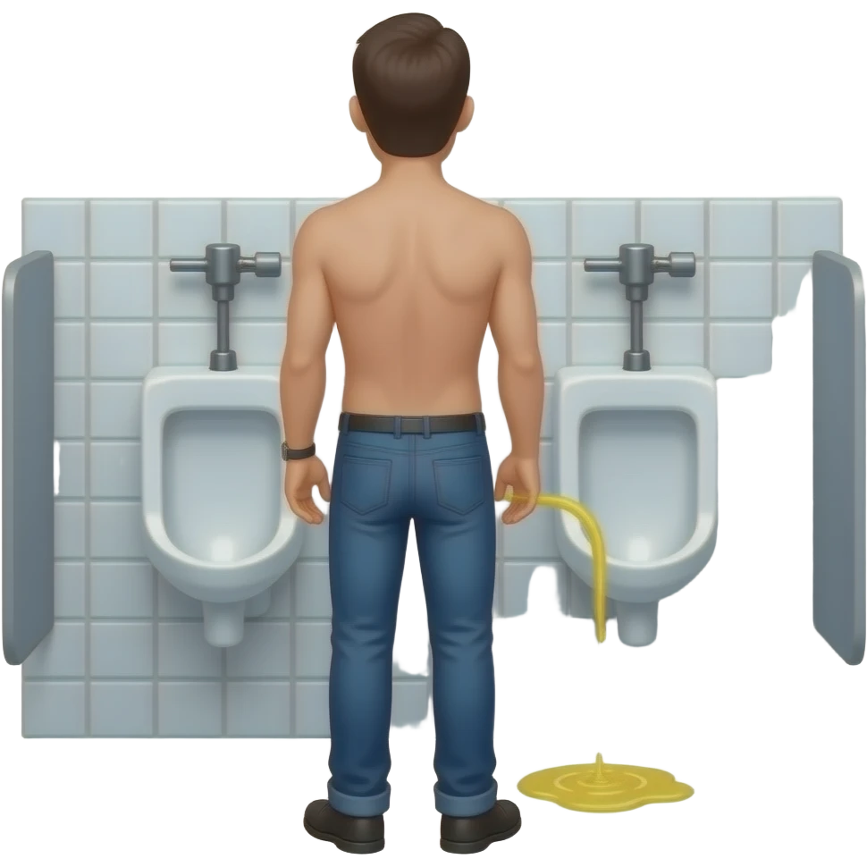 Erstelle ein Bild von einem urinal in einem öffentlichen WC, man sieht ein Mann von hinten vor einem urinal stehen und aus seiner Hose kommt ein gelber dünner Wasserstrahl der in das urinal strahlt emoji