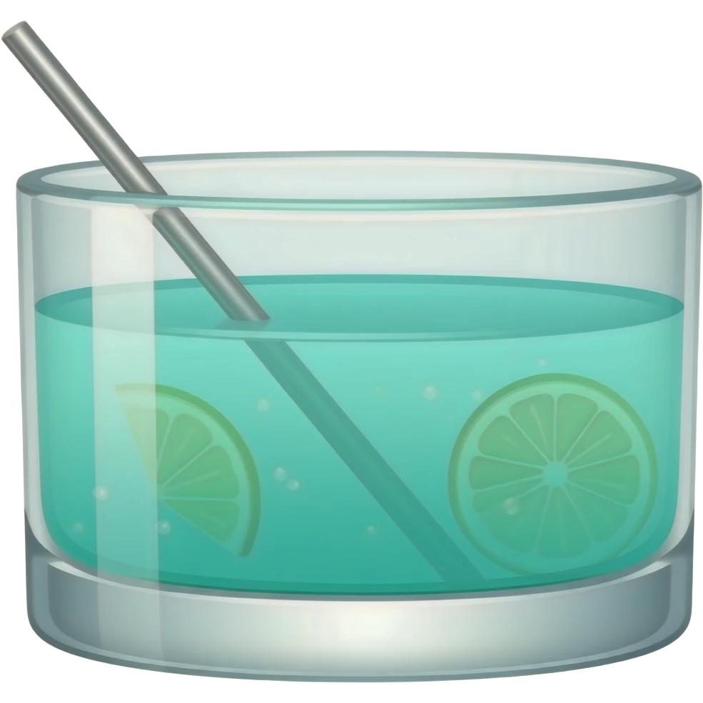 turquoise colored cocktail in on the rocks glass with chrome thin swizzle stick with few sparklings emoji
