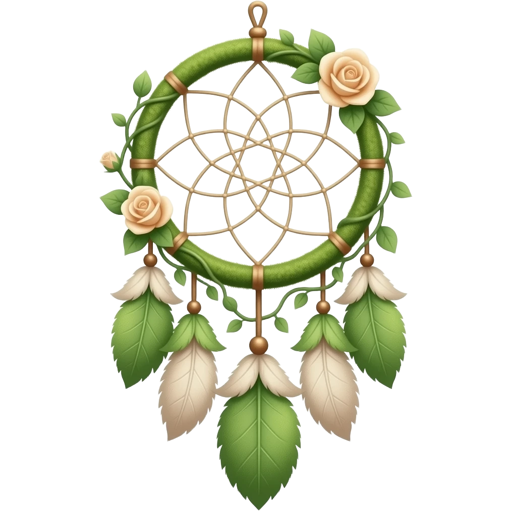 Green white brownish beige dreamcatcher, pastel colors, whitish, light, green academia aesthetic, mossy, with green vines and beige roses emoji