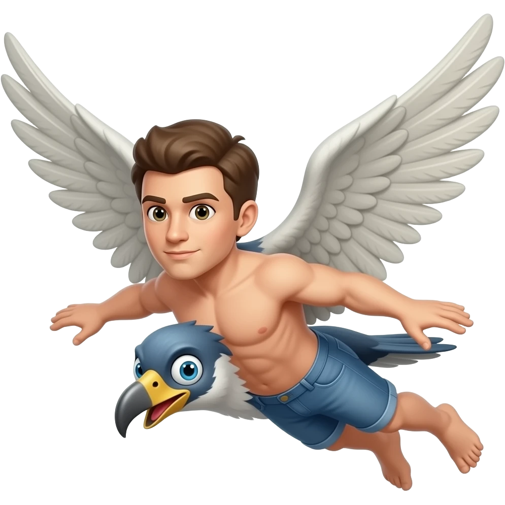 Humano que tem asas e voa junto com passarinho com quatro olhos e duas bocas emoji
