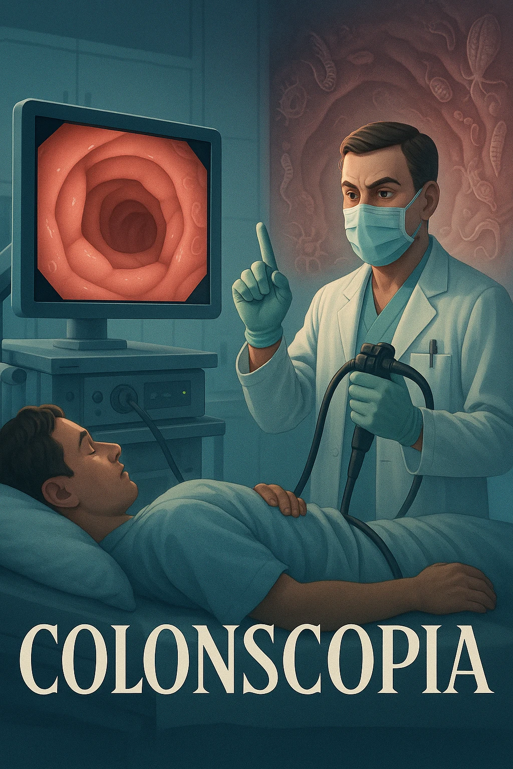 A medical cinematic illustration showing a patient undergoing a colonoscopy in a modern clinical setting. On the monitor, the endoscopic camera shows smooth, healthy-looking intestinal mucosa — clean and without evidentiary signs. But layered symbolically in the background (or faded into the intestinal wall), tiny parasitic organisms like protozoa and helminths are subtly depicted hiding between folds, or embedded deeper in tissues, undetectable by the surface-only scope. The doctor gestures with confidence, while the patient remains unaware that the test might not reveal the true underlying infection. The scene has cool clinical lighting, shallow depth of field, and realistic anatomy, overlaid with symbolic, almost ghost-like imagery of parasites in italiano emoji