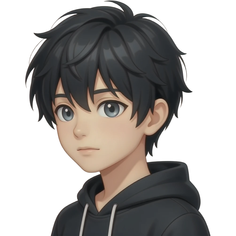 anime boy black hair white skin black clothing looking to the side a kid grey eyes glowing emoji