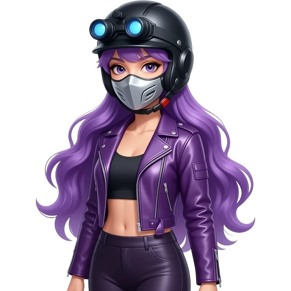 sexy girl with long purple hair wears purple clothes with a helmet, a night device and a mask emoji