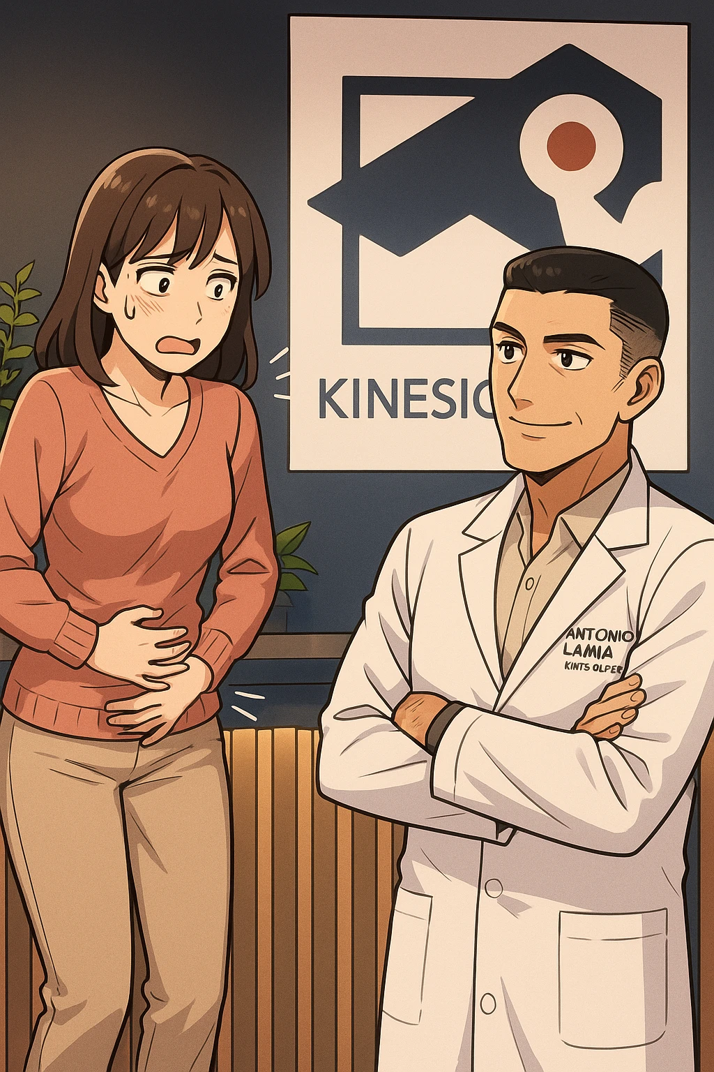 su questo stile fai un manga/webtoon a colori in cui una donna si lamenta che sta male e ha mal di pancia, l'uomo della foto in stile manga gli risponde, mantieni un ambiente simile alla foto che ho allegato con il suo logo (sarebbe il suo studio, lui è un kinesiologo), non mettere fumetti, ma fai in modo che sembri che la donna chiede una cosa e l'uomo risponde alla sua domanda emoji