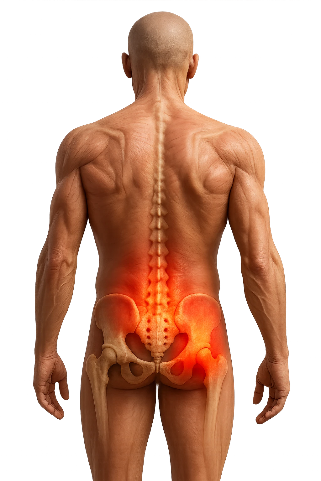CORPO UMANO ANATOMICO REALISTICO DI SPALLE CON DOLORE ALLA LOMBARE INFIAMMATA, DOLORE ALL'ANCA, IPERREALISTICO 4K emoji