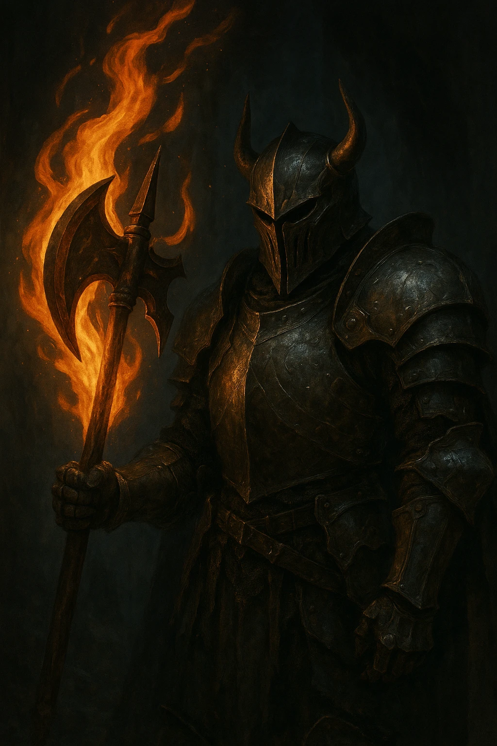 Make the flaming halbert super realistic, held by a scary, armored knight in a dark fantasy setting with dramatic lighting. Keep the background dark and moody, emphasizing realism and fantasy atmosphere. emoji