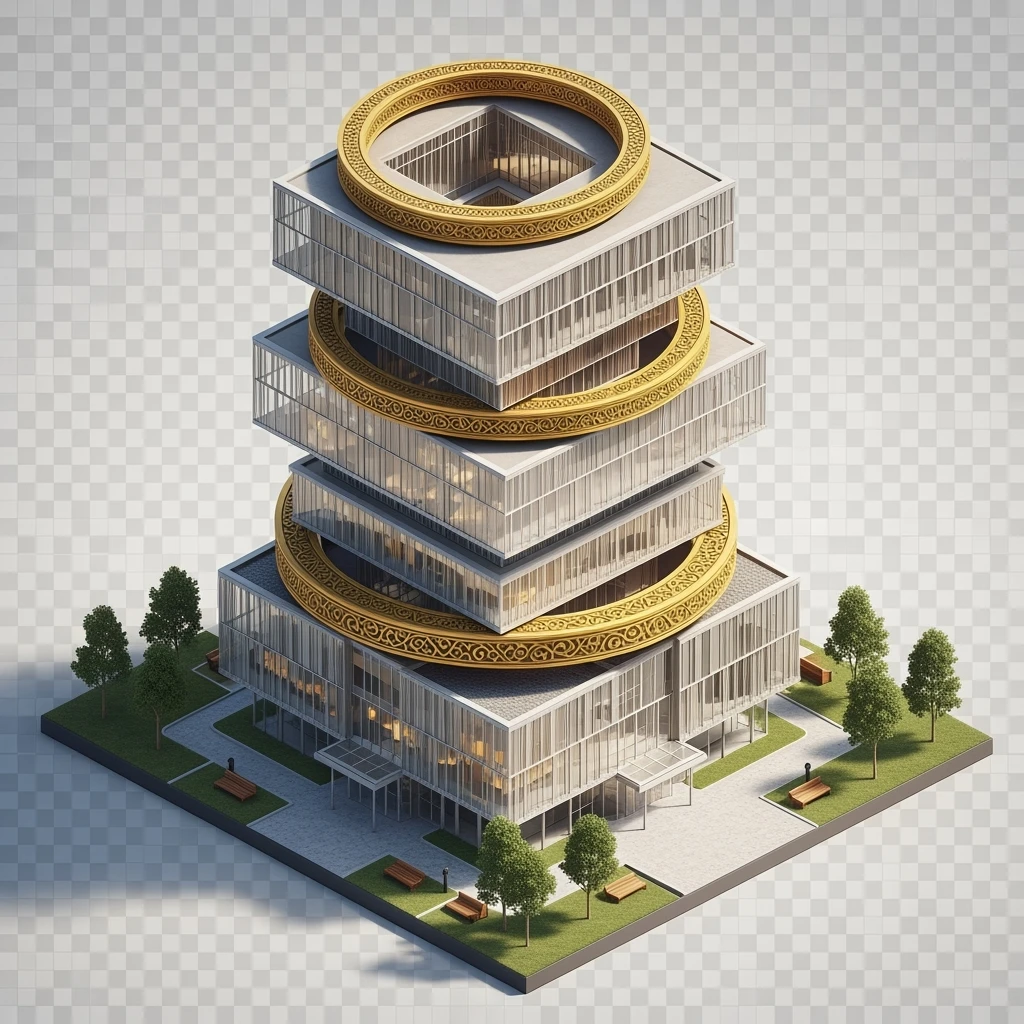 Isometric photorealistic illustration of Birmingham library highly detailed in semi-realistic, 3D miniature effect, transparent background. emoji
