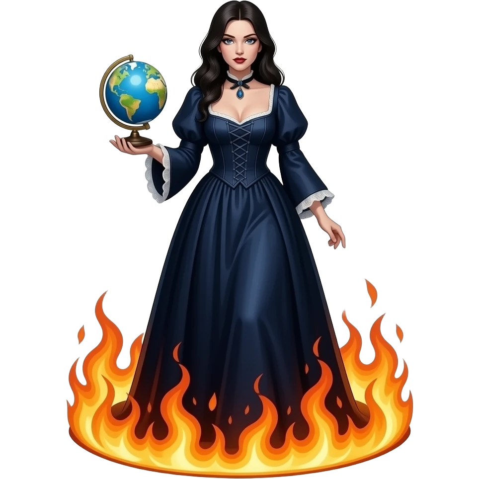 a seductive evil beautiful woman in a long dark blue dirty Victorian dress with a deep neckline carries a small globe in her palm that radiates and steps out of a circle of fire emoji