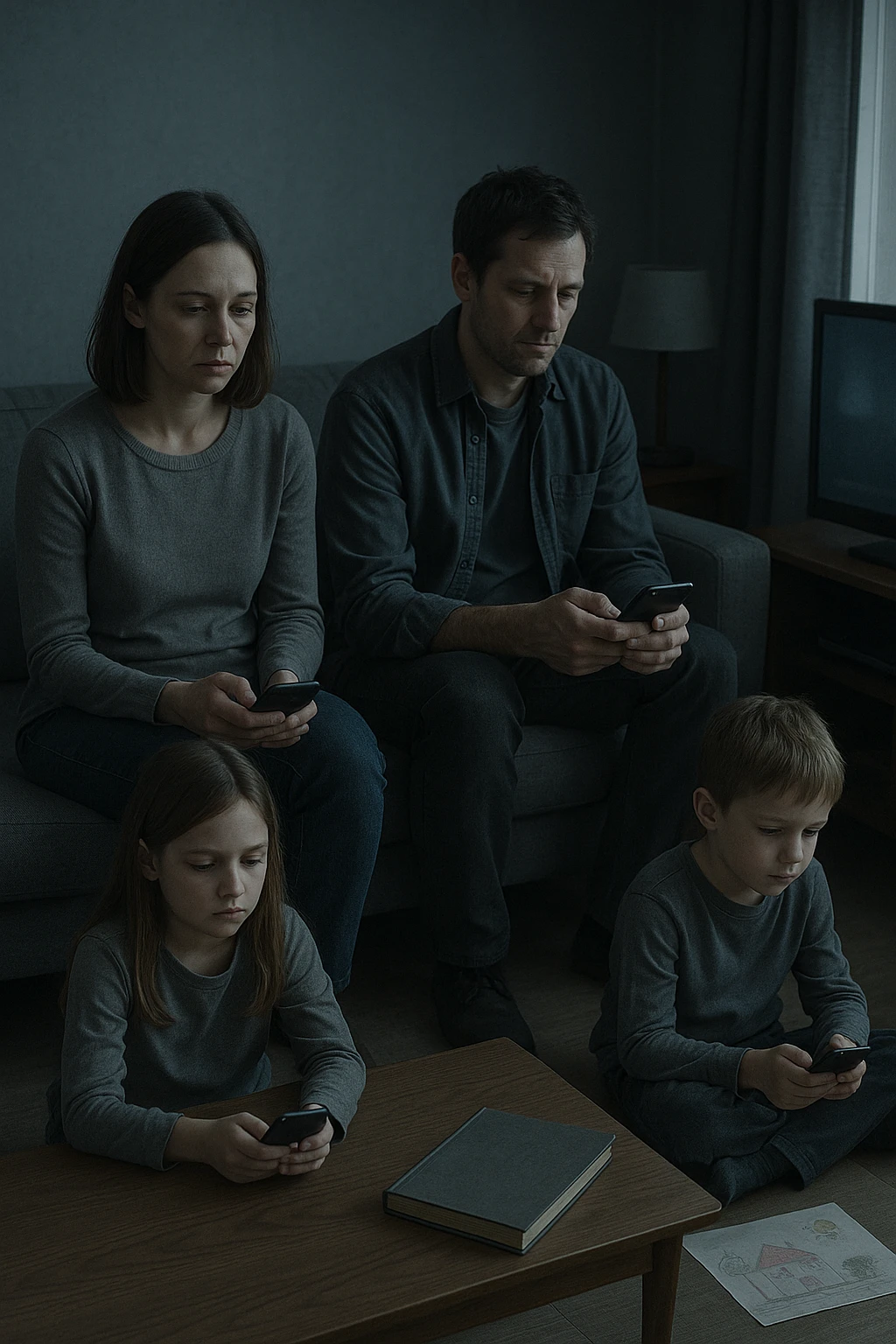 Famiglia composta da padre, madre e uno o due figli seduti nello stesso ambiente domestico (salotto o tavola da pranzo), ma ciascuno è assorto nei propri pensieri, con espressioni spente e distaccate. Nessuno si guarda o sorride. I colori dell’ambiente sono freddi e grigi, la luce è debole. Intorno a loro, simboli di disconnessione: telefoni in mano, TV accesa ma ignorata, silenzio. L’atmosfera è visivamente carente di calore emotivo. Nessun contatto fisico, postura rigida. Un dettaglio visivo come un album di foto chiuso sul tavolo o un disegno dei figli dimenticato sul pavimento accentua la mancanza di dolcezza e unione emoji