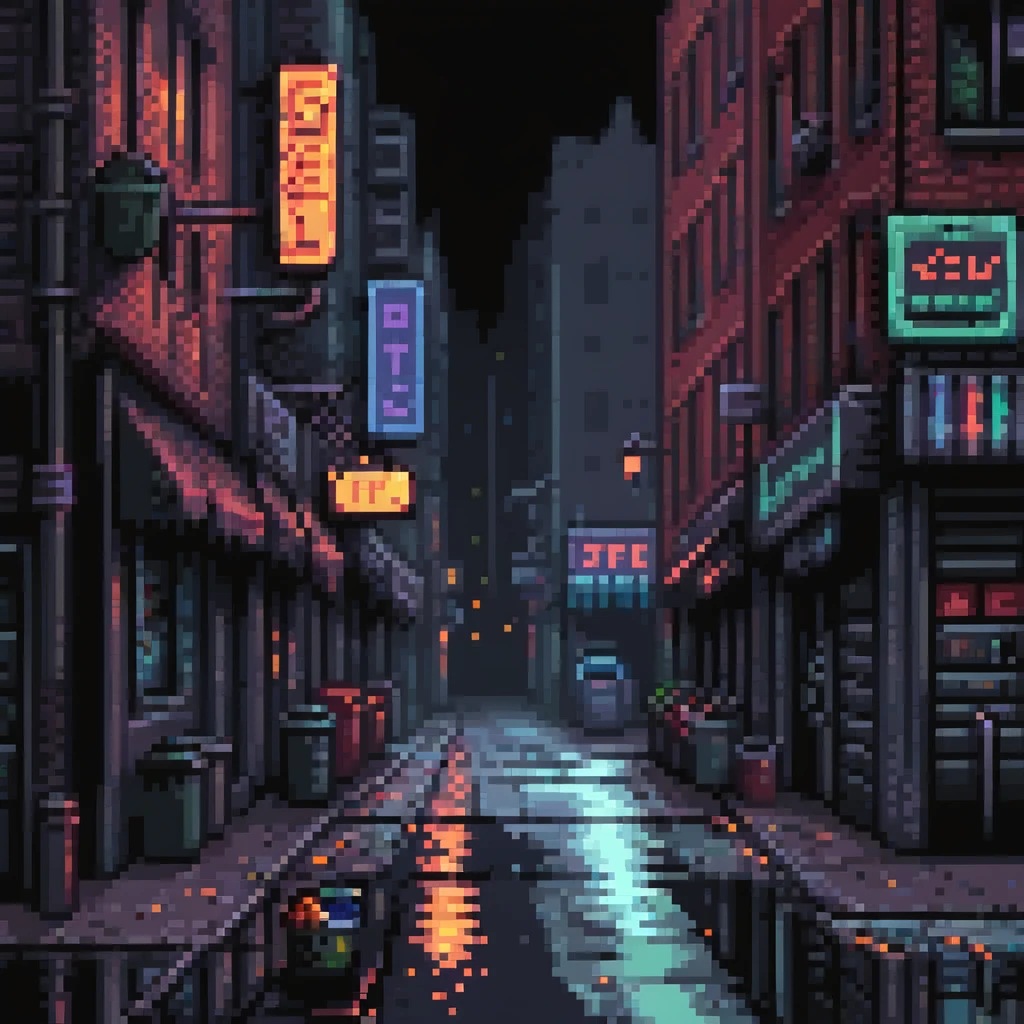 Pixel art background, side view of a dark Gotham-style street at night, moody lighting, flickering neon signs, trash bins, wet pavement, shadows in windows, 2D fighting game stage style, straight camera angle, vertical layout, 9:16 aspect ratio, suitable for mobile game
 emoji
