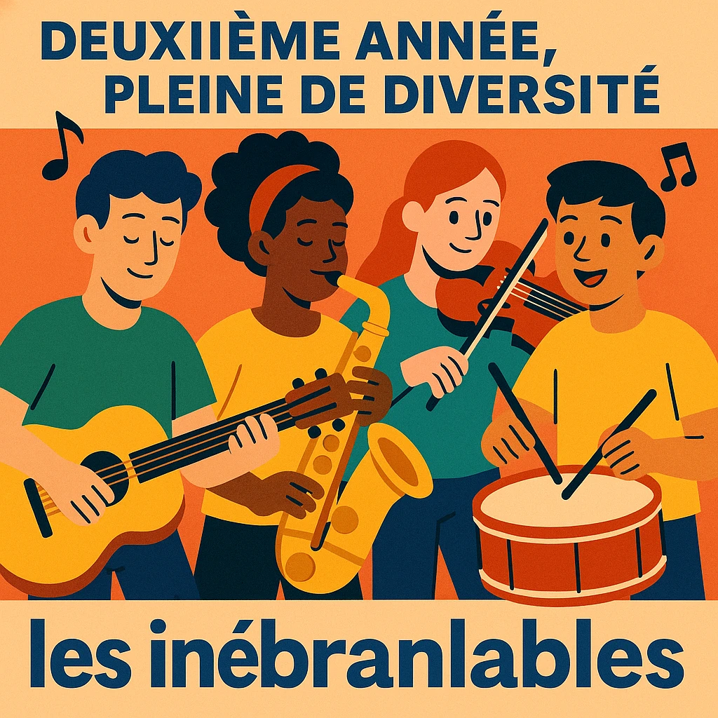 cover illustration of 4 students of different origins in a warm and friendly atmosphere, each holding a different musical instrument (guitar, saxophone, violin, drums), vibrant colors, dynamic composition, with the title 'Deuxième année, pleine de diversité' and the group name 'les inébranlables', musical illustration style emoji