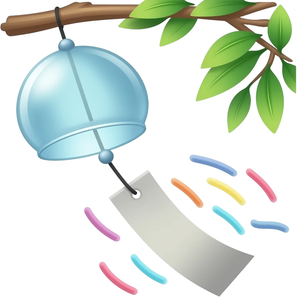 "A delicate Japanese furin wind chime hanging outdoors, with one rectangular paper strip attached below. The paper is a different color each time (random color), gently moving with the wind. Minimalist, soft lighting, calm atmosphere." emoji