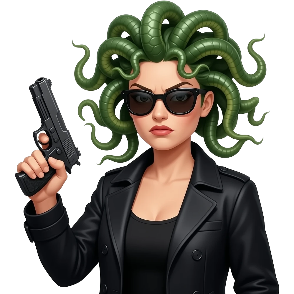 Angry beautiful female Medusa in black coat with sunglasses holding gun emoji