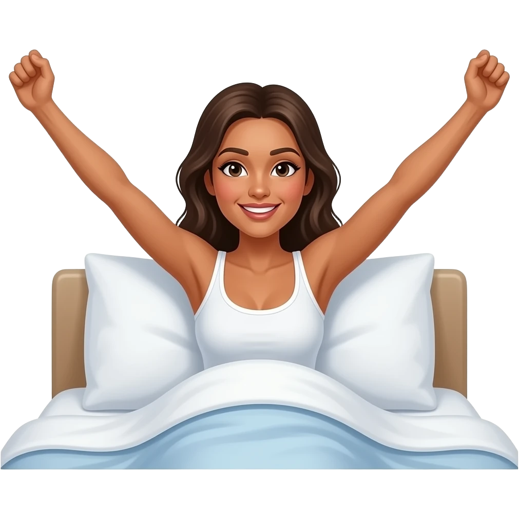 a shirtless tanned woman waking up in bed with arms fully stretched and the words "Good Morning" in blue overhead emoji
