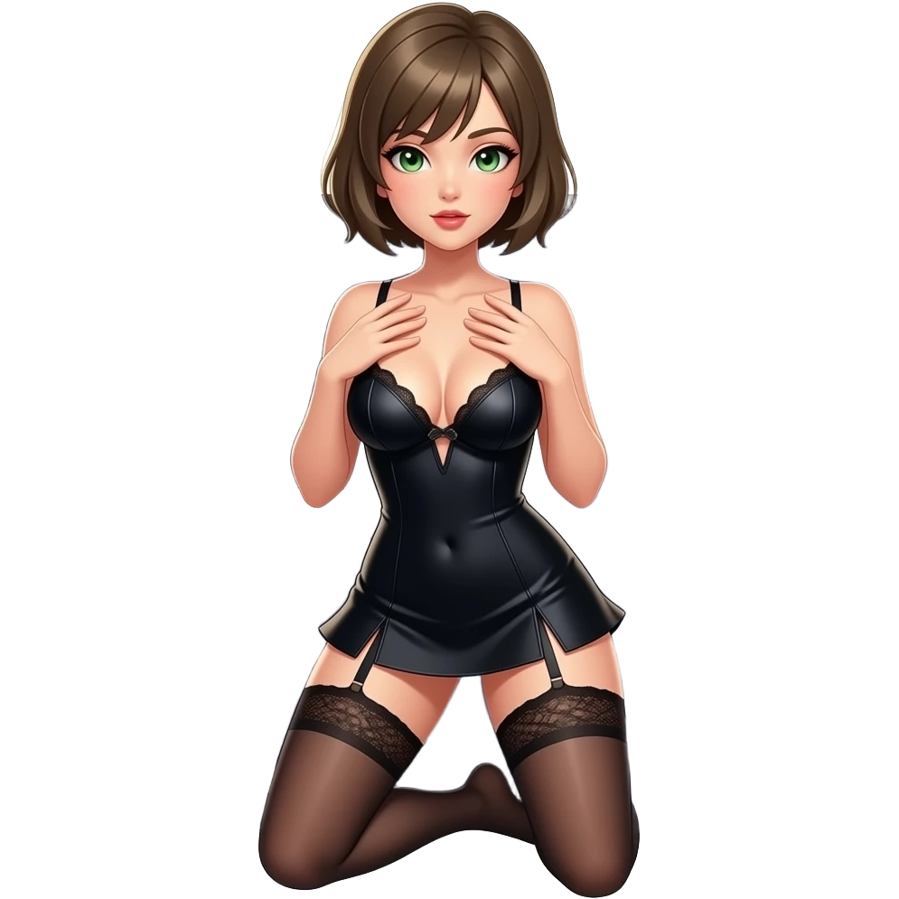 Diva with short dark blonde hair. Green eyes.  Erotic Sex full height emoji