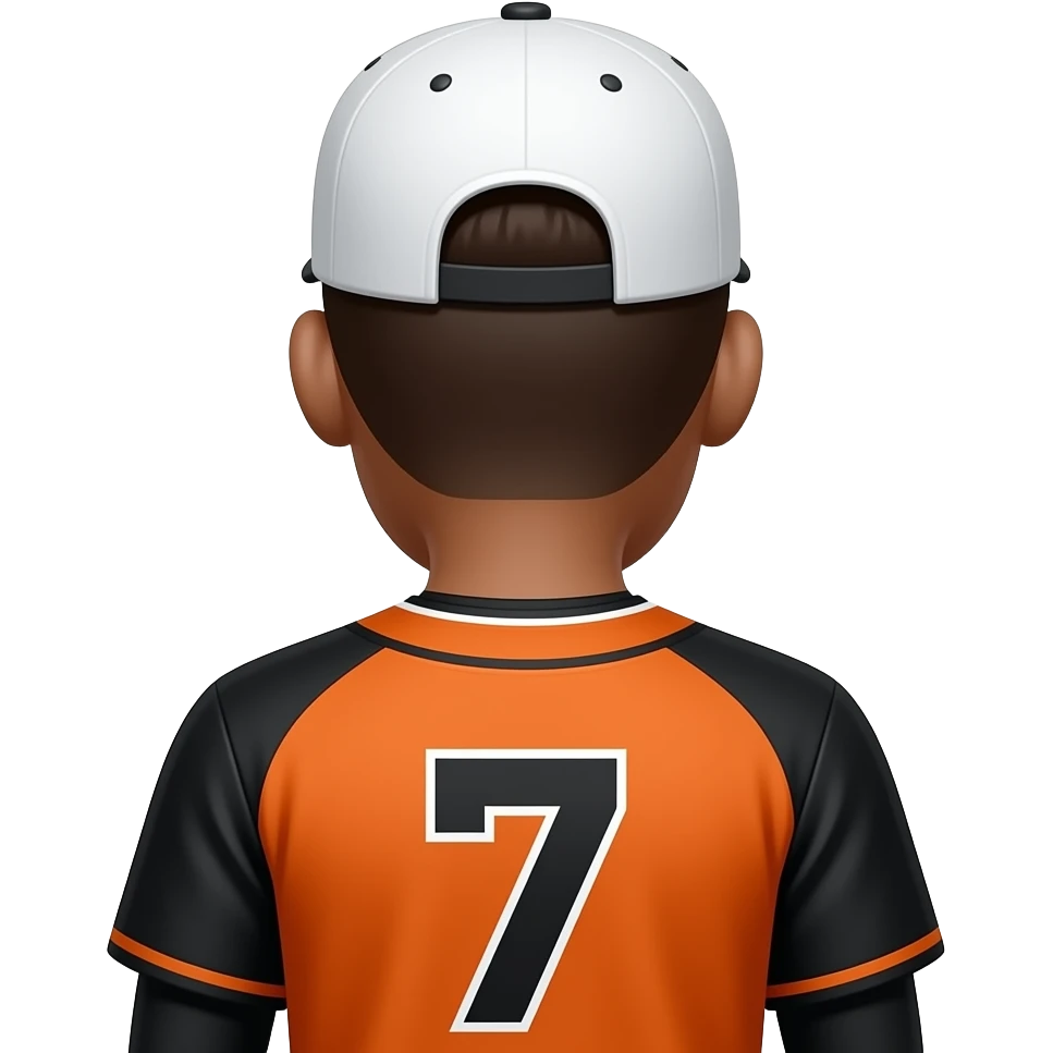 Make a baseball player with the colors, orange and black wearing the number seven with a dark brown low taper fade with a white hat fully turned around so I can only see their higher half make their skin color tan, and have them turn around so I can’t see there face emoji
