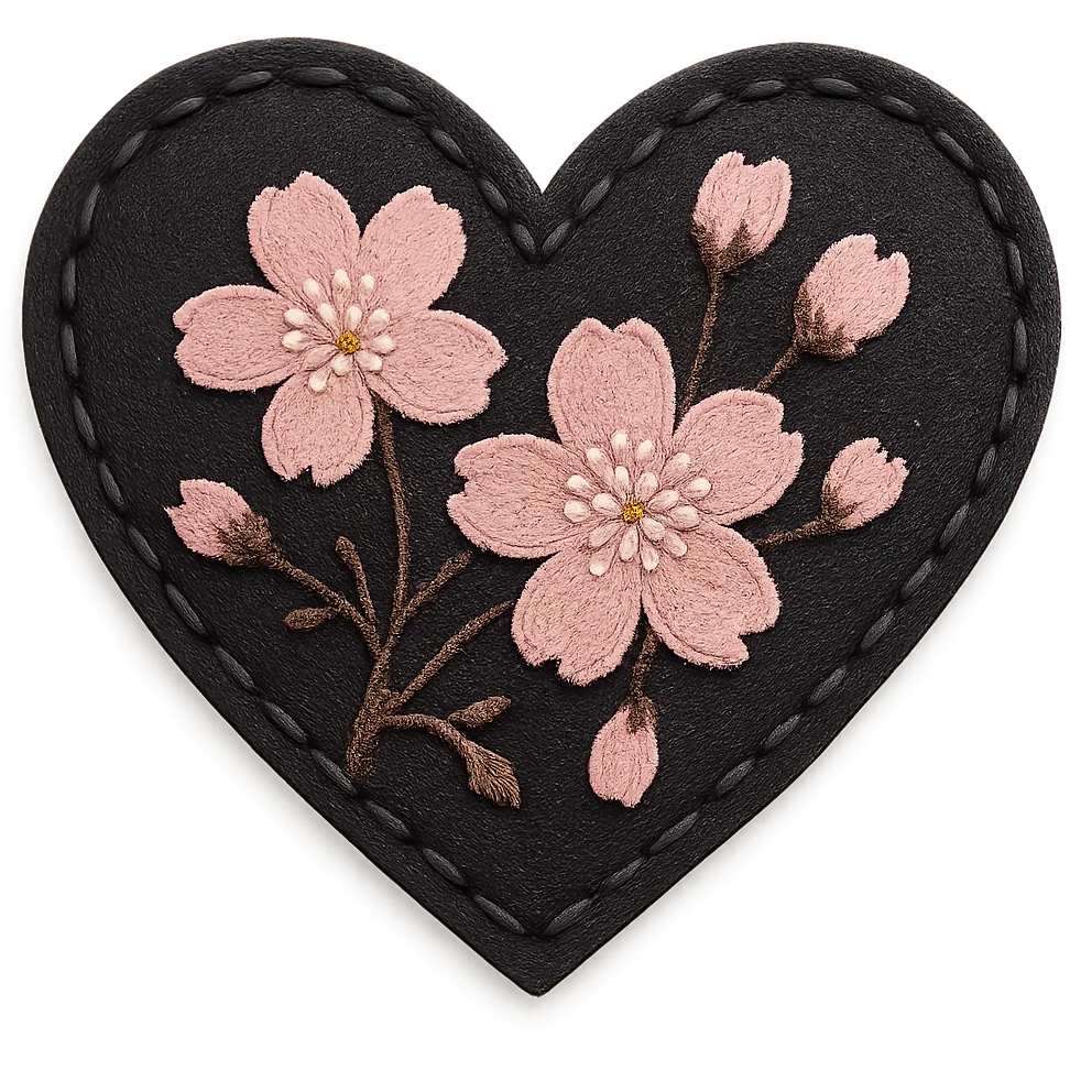 goth sakura heart, stitched fabric look, black heart with sakura embroidery, cozy gothic aesthetic emoji