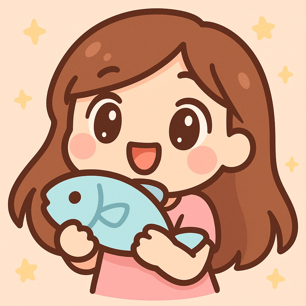 twitch emote of a cute cartoon girl with long brown hair holding a fish, digital art, bold outlines, exaggerated features, energetic pose emoji