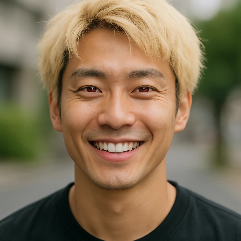 Japanese man with red eyes and blond hair, smiling, realistic portrait emoji