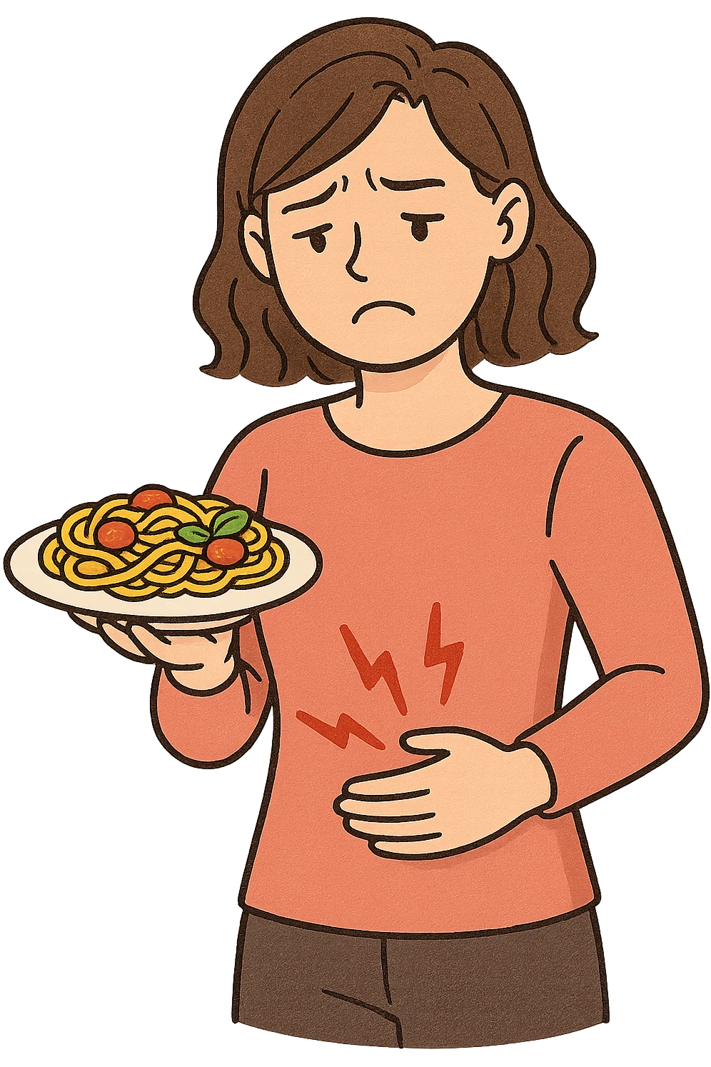 DONNA CON PIATTO DI PASTA IN MANO E MAL DI PANCIA, FA FATICA A DIGERIRE emoji
