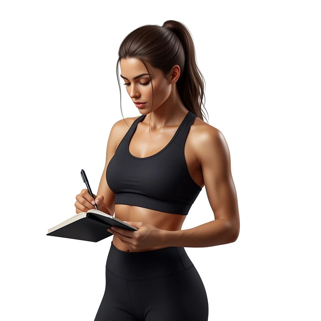 DONNA FITNESS ITALIANA CHE SCRIVE SULLA SUA AGENDA, IPERREALISTICA 4K, ISOLATA SU SFONDO BIANCO emoji