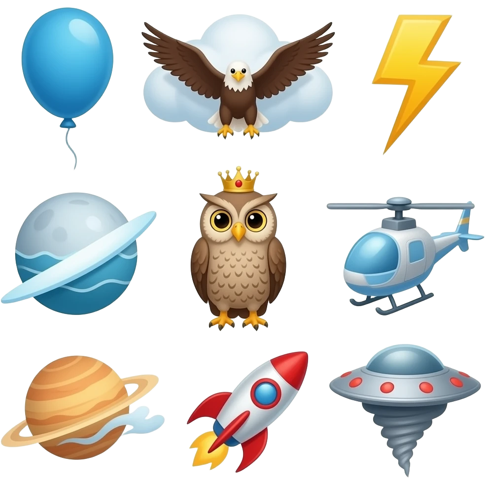 Air alphabet: a is for astronaut, b is for balloon, c is for cloud, duck, eagle, fly, glider, helicopter, ice, jet, kite, lightning, moon, Neptune, owl, plane, queen, rocket, star, tornado, ufo, Venus, wind, x-rays, yellow, zigzag emoji