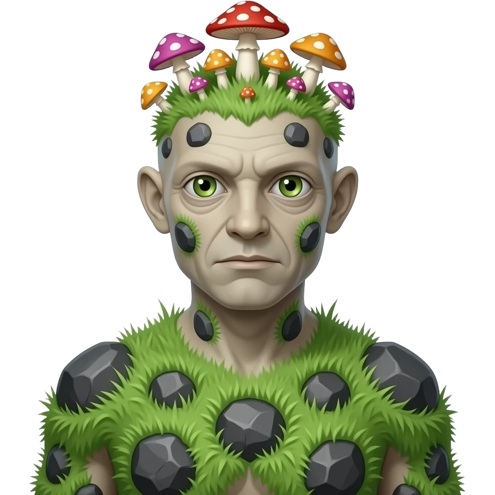A humanoid thing with grass on it with rocks on it different mushroom growing on its head with no ears or mouth one single eye emoji
