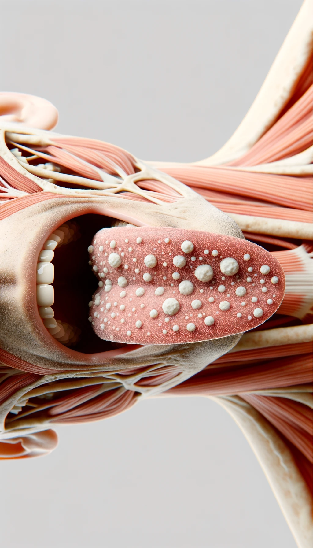 CORPO UMANO ANATOMICO CHE TIENE LA LINGUA FUORI E LA LINGUA è PIENA DI MACCHIE BIANCASTRE, NEUTRAL CLEAR BACKGROUND, iperrealistico 4k emoji