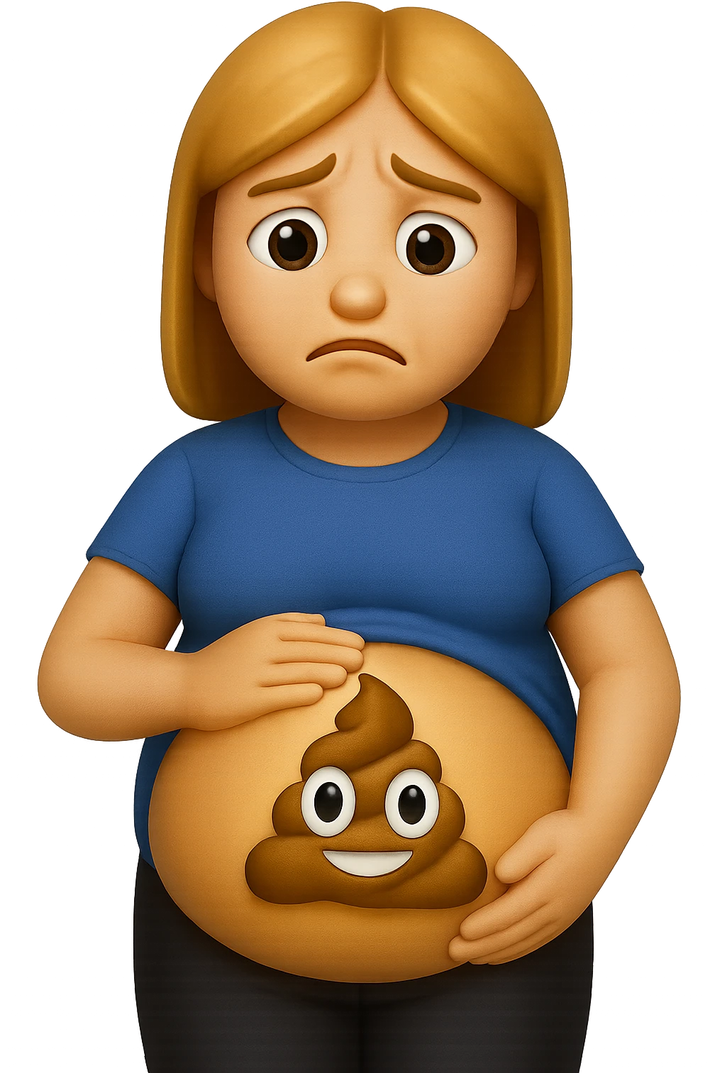 emoji stile iphone di una donna con pancia gonfia piena di cacche con gli occhi, iperrealistico 4k emoji