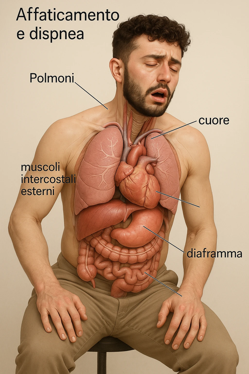 Uomo con stanchezza e respiro corto vista anatomica immagine realistica in 3D in italiano emoji