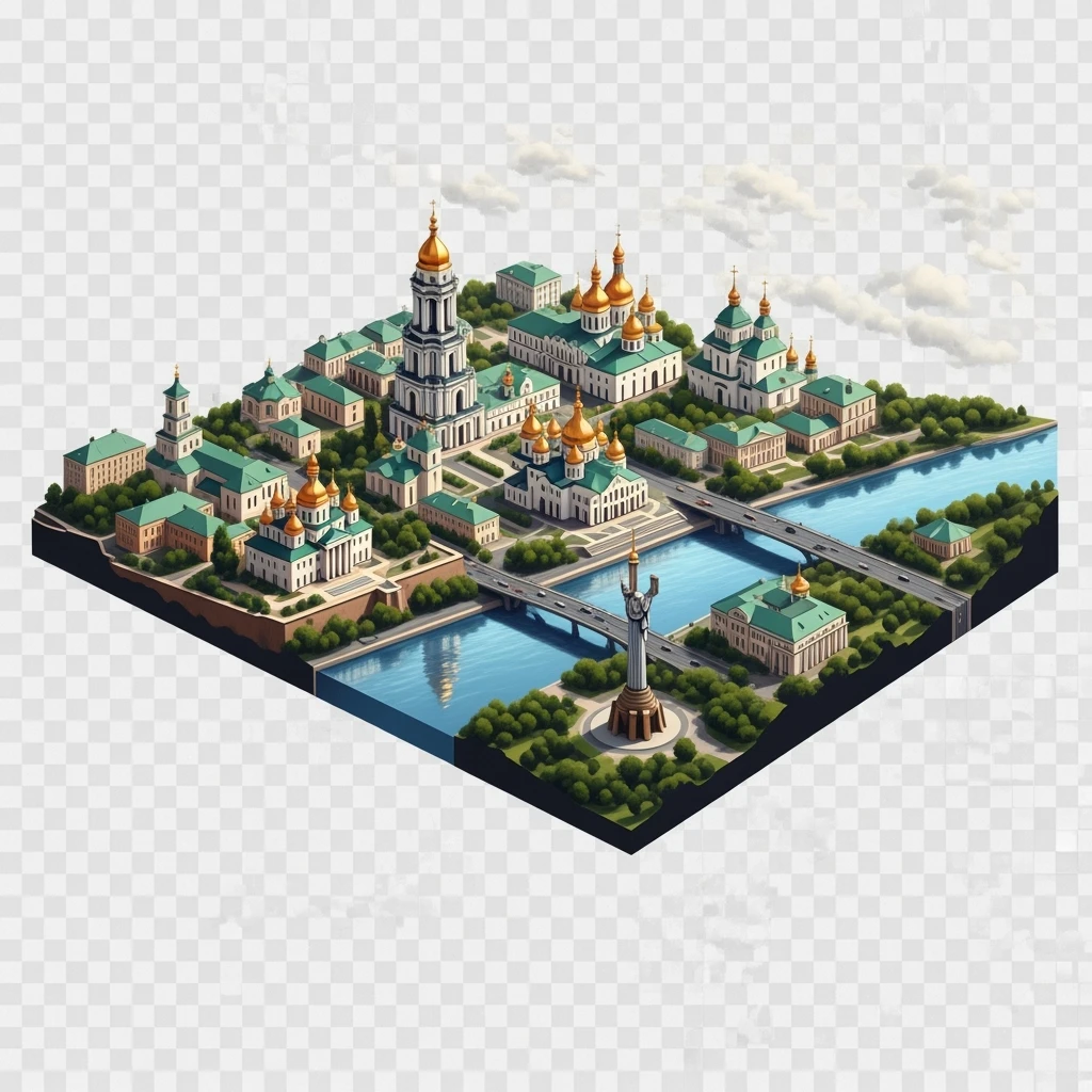 Isometric illustration of photorealistic Kyiv, balanced between paint stylized and realistic, 3D miniature effect, transparent background. emoji