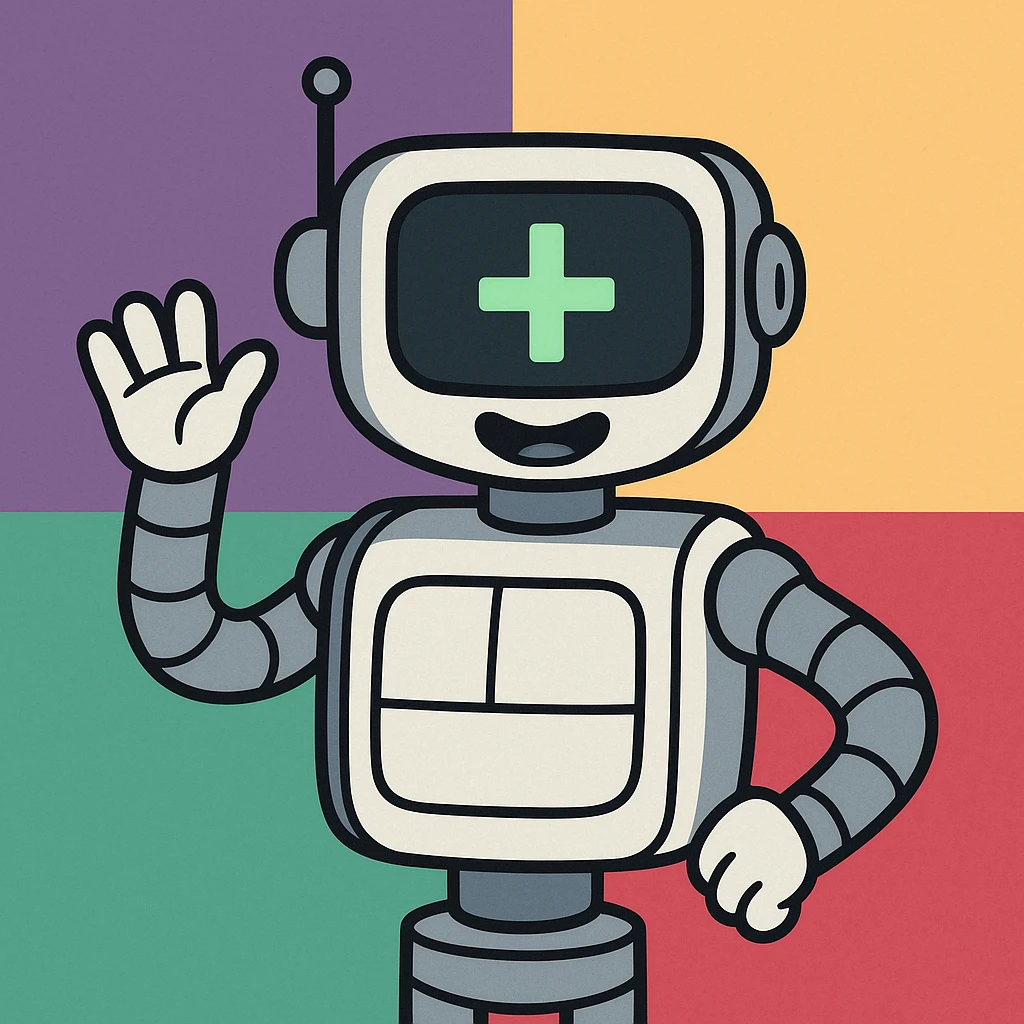 modern robot with digital display showing plus sign, surrounded by Slack brand colors, new user created webhook profile icon, simple and recognizable emoji