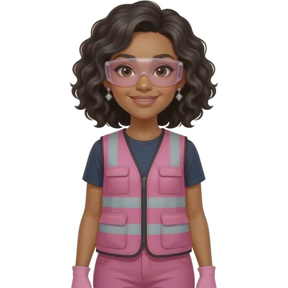 light skin women with shoulder length curly black hair wearing diamond earrings wearing pink and clear safety glasses wearing a pink construction vest wearing pink pants emoji