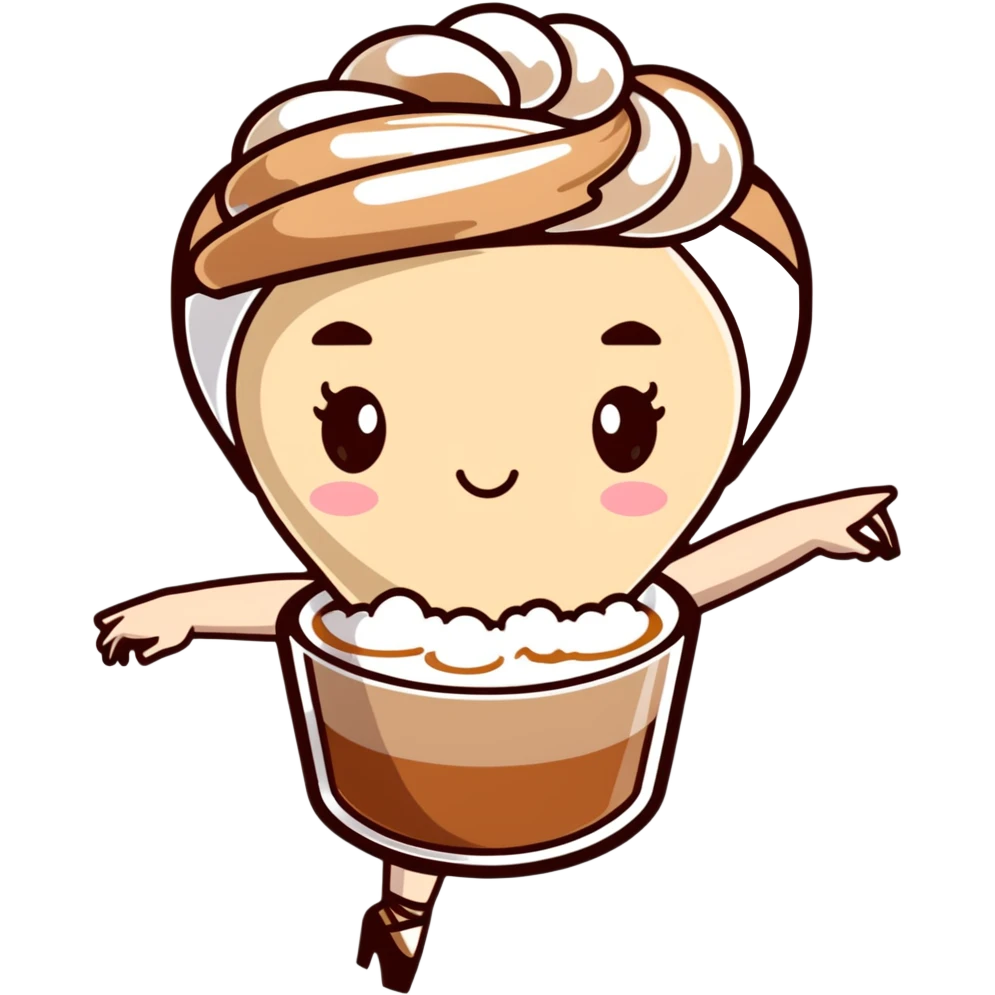 Ballerina twirling in a cappuccino cup, coffee foam creating her tutu emoji