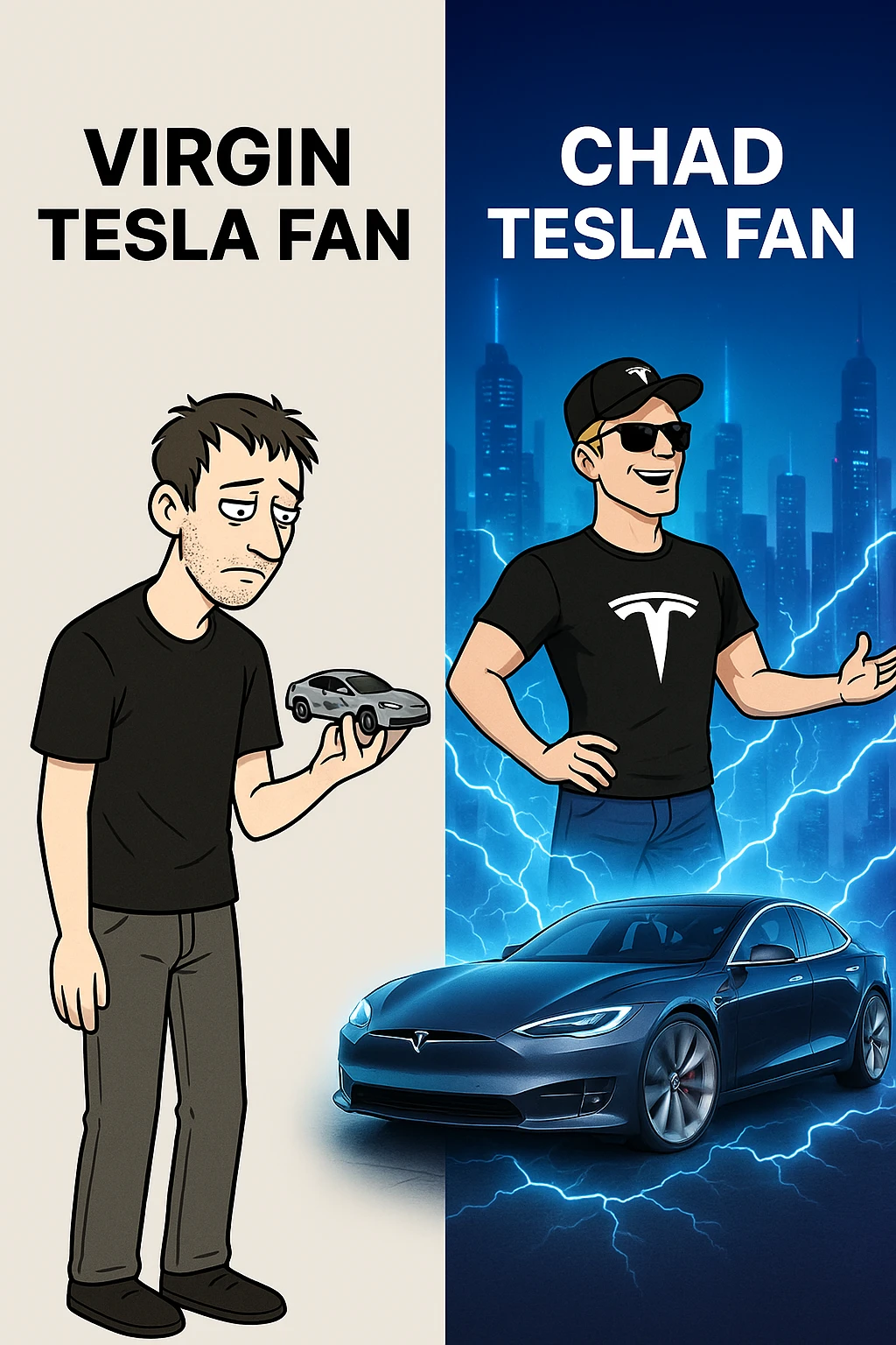 make virgin vs chad meme on tesla fan emoji