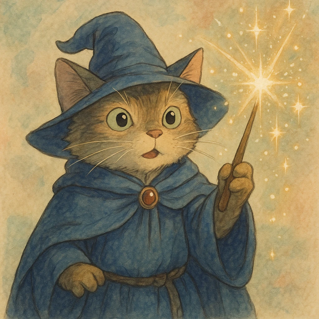cat wizard, detailed, whimsical, soft colors, casting a sparkling spell, ghibli style emoji