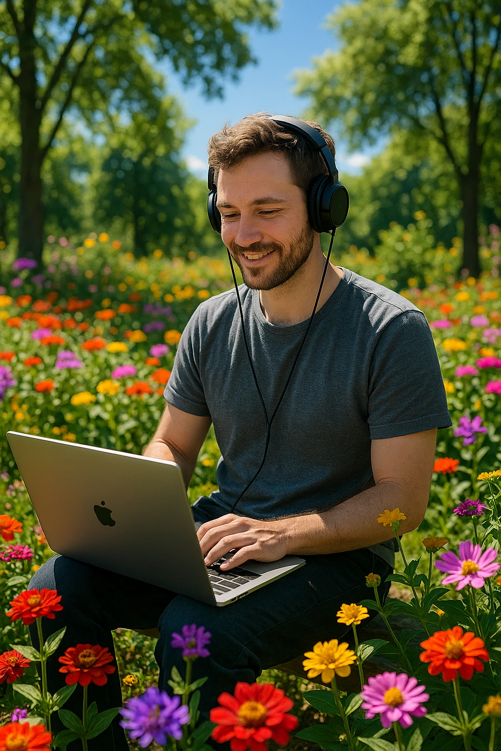 Freelancer working in garden with laptop and headphones, surrounded by flowers and trees, sunny emoji