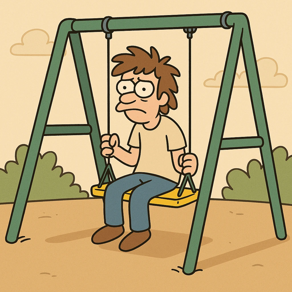 cartoon playground swing-set with a green frame and one yellow seat, simple and playful emoji