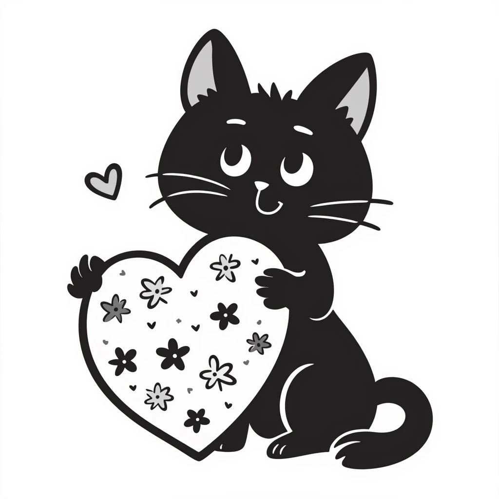 hand drawn cat hugging a heart with floral doodle decorations, doodle style emoji
