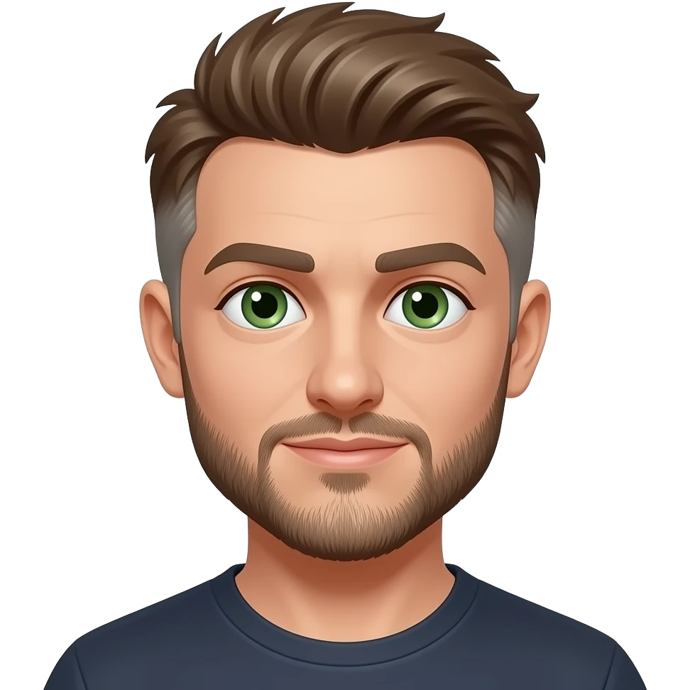 Mullet with side flares, hazel blue green eyes, some grays with mostly hazel hair, 5 o’clock shade beard emoji