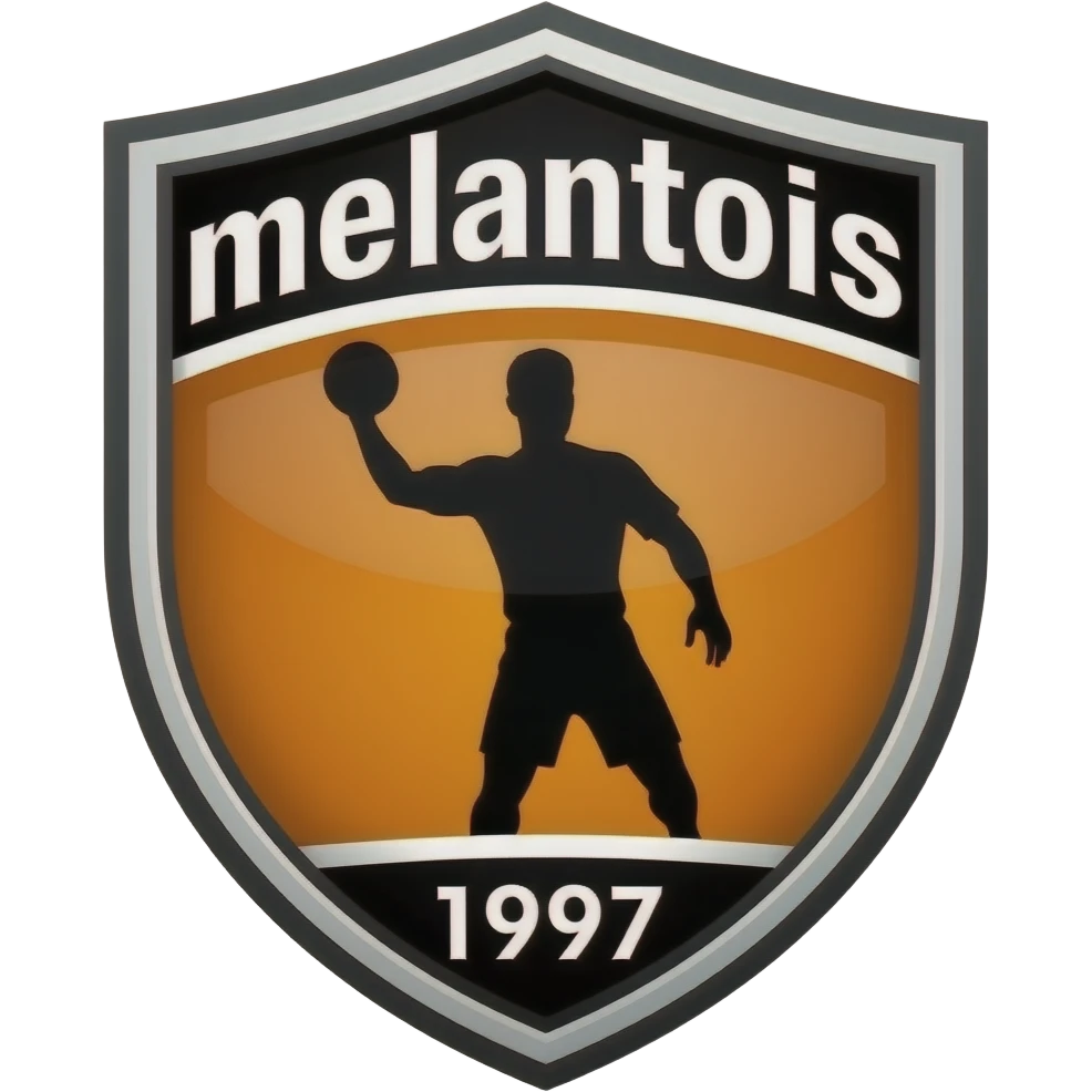 Logo que noir et orange avec un handballeur noir avec un ballon dans la main gauche le logo a une forme de blason je ne veux pas que le joueur saute je veux aussi qu’il soit marqué melantois en grand en haut et aussi 1997 en bas et des fines bordures emoji