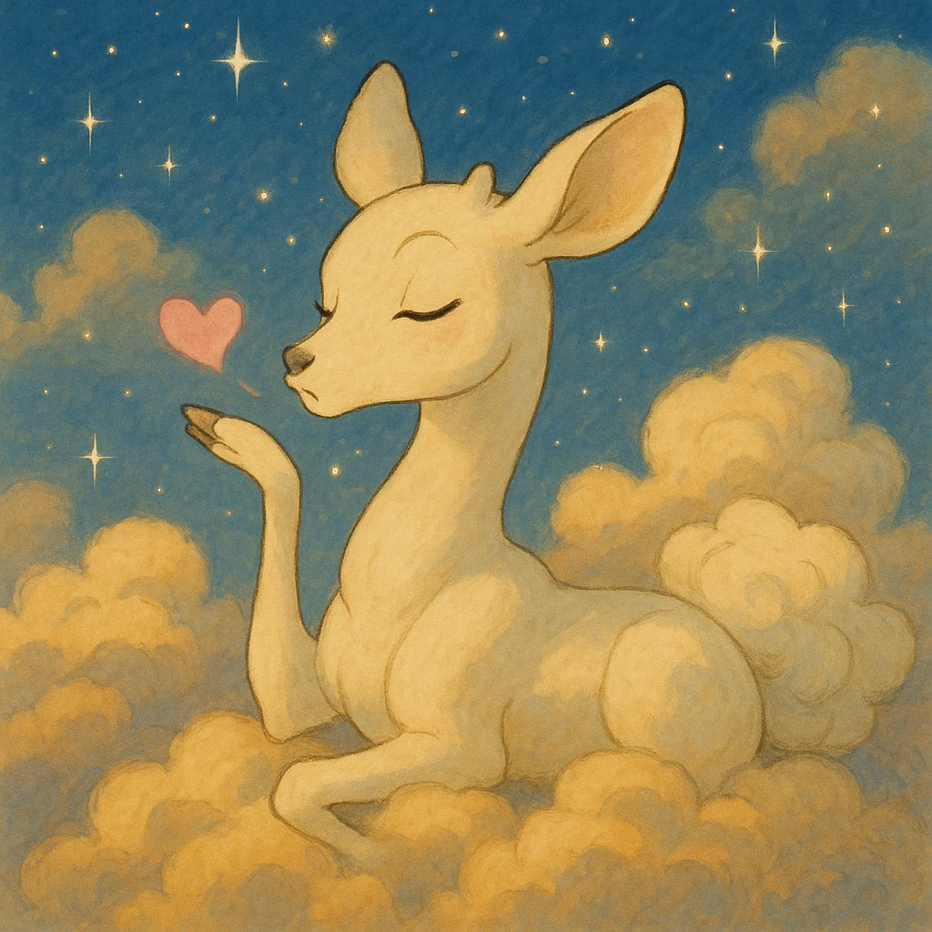 dreamy vanilla cloud doe in Ghibli style with sparkles, blowing a kiss emoji